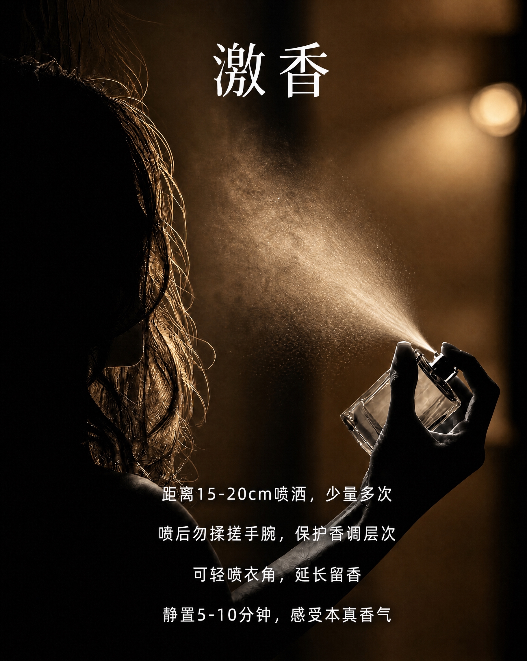 将图中背景替换为第二张图片的暖调香水瓶喷洒场景背景，保留第一张… - 图片创意预览