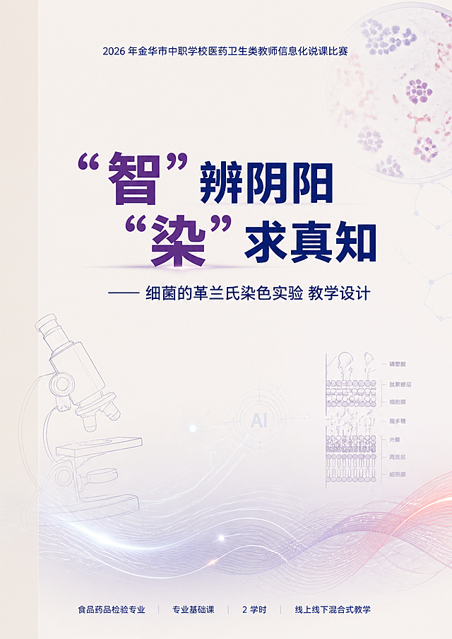 A4竖版，2026 年金华市中职学校医药卫生类教师信息化说课比赛参赛配套教学设计封面，高清 300DPI，CMYK 印刷格式，医药检验专业严谨风融合简约科技感，画面干净高级，元素克制，层级分明，左侧预留 2cm 标准装订位。
文字内容：顶部小字居中"2026 年金华市中职学校医药卫生类教师信息化说课比赛"，居中主标题加粗放大"智” 辨阴阳 “染” 求真知"，副标题字号次之位于主标题下方"—— 细菌的革兰氏染色实验 教学设计"，底部标注字号最小对齐工整"食品药品检验专业 | 专业基础课 | 2 学时 | 线上线下混合式教学"。
核心视觉：背景低饱和度融入革兰氏染色镜下视野微观图，清晰呈现革兰氏阳性菌紫色球菌、革兰氏阴性菌红色杆菌形态，搭配极简线条勾勒的显微镜轮廓、AI科技感细光效线条、细菌细胞壁结构极简线稿，元素分布在画面边缘和角落，不遮挡标题文字。
色彩：主色调沉稳深紫+专业藏蓝，点缀低饱和度砖红，底色高级浅米白，色调统一和谐，印刷不刺眼，符合医药检验专业严谨调性与市级赛事正式规范。
版式：标题居中醒目，上下左右预留标准页边距，画面平衡不拥挤，无多余装饰，贴合"虚实融合、AI 赋能、检验求真"的主线。