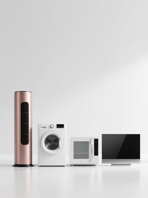 极简现代风格产品展示图，纯白纯色背景，四个规整排布的家电产品，从左到右分别为：玫瑰金色圆柱形立式空调（带有黑色条状出风口和黑色底座）、白色简约洗衣机（正面带有圆形控制面板和横向线条设计）、白色微波炉（方正造型，正面有透明观察窗和黑色控制面板）、银色薄款平板电视（黑色边框，屏幕为黑色）。所有产品均采用光滑的金属和塑料材质，表面有细腻的光泽感，整体造型简洁流畅，无任何文字、logo、水印或装饰元素……预览效果