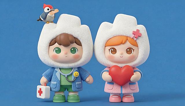 参考图一的毛绒+哑光3D渲染材质效果，高清复现图二内容：男孩戴白色毛绒山峰头套，头发棕色，绿眼睛，穿蓝色外套绿内搭绿鞋子，脖子挂带笑脸的听诊器，手持红十字白色急救箱，头顶站着叼创可贴的啄木鸟；女孩戴同款毛绒头套别粉色十字发卡，橙色头发棕眼睛，穿粉色护士服，双手抱着红色爱心，穿粉色鞋子。背景为纯蓝色，质感和图一完全一致，高清2K。