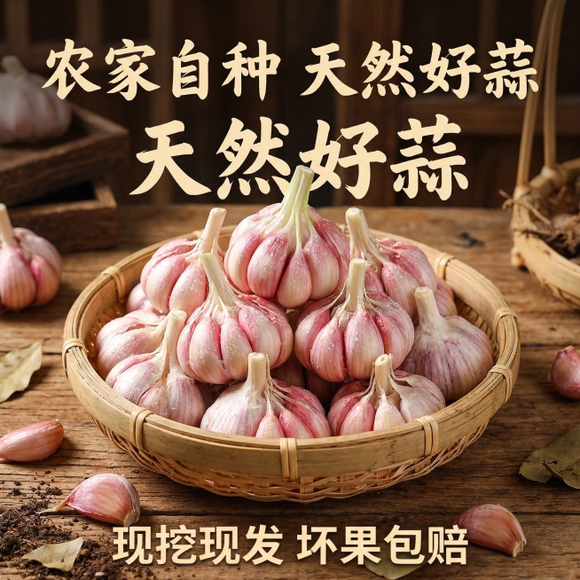 云南红头多瓣蒜电商主图，展示多颗红头多瓣蒜堆放在竹篮里的场景，营造农家丰收氛围，画面上方添加文字"农家自种 天然好蒜"，底部添加"现挖现发 坏果包赔"，背景为木质桌面，风格质朴接地气预览效果