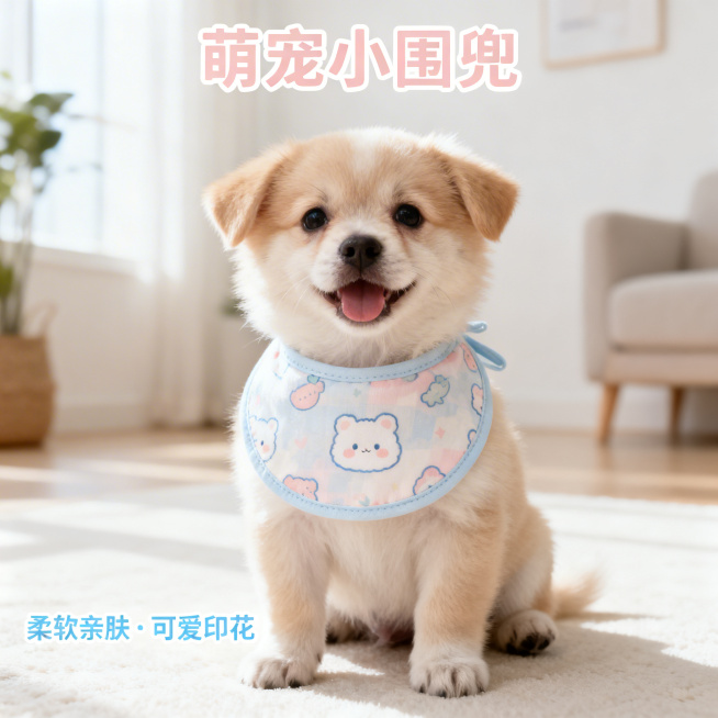 清新可爱电商风宠物口水巾淘宝宣传图，马卡龙浅色系配色，搭配可爱宠物幼犬，放置在明亮干净的ins居家场景，突出口水巾可爱印花设计，整体风格清新软萌适合年轻电商受众，产品清晰突出预览效果