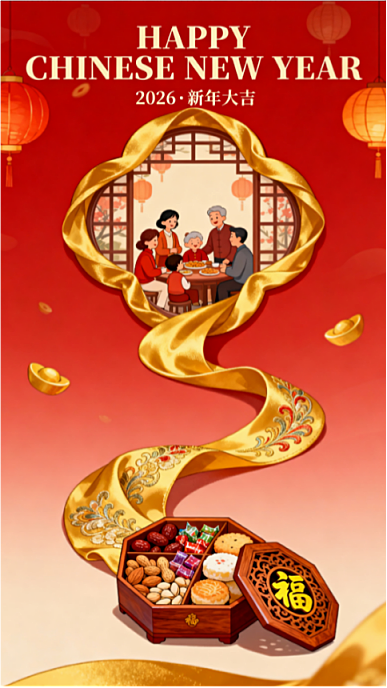 手绘插画风格。底部是一个小小的精美木质雕花点心盒，盒盖上有金色的"福"字，盒内装满各种坚果、糖果和传统糕点。从点心盒呈S形曲线向上延伸出一条金色刺绣绸缎，丝绸汇聚成顶部的大花窗，整个花窗边缘被金色绸缎覆盖，并继续向画面上方延伸。花窗的中间是家庭团聚场景，浓郁的新年氛围。画面上方大字主标“HAPPY CHINESE NEW YEAR”“2026·新年大吉”。红色渐变背景，点缀灯笼、元宝元素。
