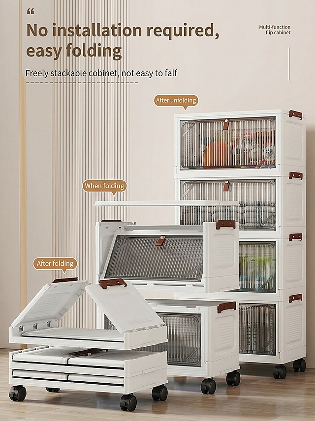 Replace all Chinese text with English, change the four-layer storage cabinet to a three-layer storage cabinet, keep the original picture style, product display and other content unchanged