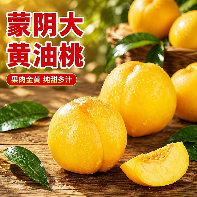 [主图-1]蒙阴大黄油桃电商主图首图，参考商品图保持油桃的金黄外观、水润水珠纹理不变，复刻参考图的爆款风格，采用左文右图构图，左上角突出大字体产品名称，保留红黄撞色设计
[氛围风格] 新鲜诱人的食欲感，果园产地自然氛围，商业爆款生鲜主图风格
[画质] 商业摄影质感，光线柔和通透，产品清晰真实，画面干净高级，商品主体占比严格控制在 70% 左右，保持油桃产品外观物理结构、材质质感、颜色与输入产品图绝对一致，杜绝任何变形和色差，精细化处理
[元素] 前景展示完整的黄油桃果实，保留切面果肉细节，油桃表皮布满晶莹水珠，背景为深浅木纹台面，点缀新鲜绿叶，主体突出饱满，画面满屏无边框
[光影] 自然暖阳逆光，突出果肉通透金黄质感，光线柔和不生硬，高光在水珠处形成点状高光，暗部保留层次不灰蒙
[配色] 主色调为油桃本身的暖黄色，搭配绿叶的深绿色，左上角文字采用参考图的红色大字搭配白色描边，红黄撞色，对比强烈醒目
[视角构图] 平视视角，景深适中，油桃主体居中偏右，左侧预留文字区域，产品完整不裁切
[文字版式] 左上角负空间左对齐留安全边距，放置大字号加粗红色字体"蒙阴大黄油桃"，红色文字配白色描边，清晰醒目不遮挡主体；下方右侧辅助小字标注"果肉金黄 纯甜多汁"，字号缩小约三分之一，保证清晰可读
[比例分辨率] 1:1比例，2048x2048 分辨率，文字清晰锐利，画面超高清
[负向提示词] 变形，文字错乱，产品图模糊，背景杂乱，水印，电商平台Logo，文字遮挡主体，色差，文字不清晰