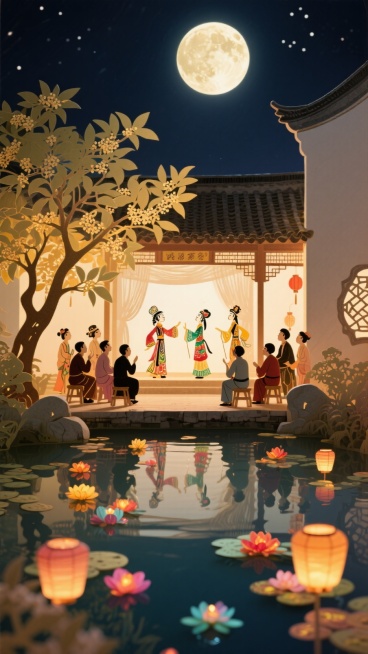 中秋节，庭院里表演着皮影戏，一群人在观看，庭院前面是一片池塘，池塘水面上有很多祈愿小花灯，池塘边有一棵玉桂，天上有一轮巨大的圆月 ，月夜喜庆氛围，池塘的画面占比是三分之一。预览效果
