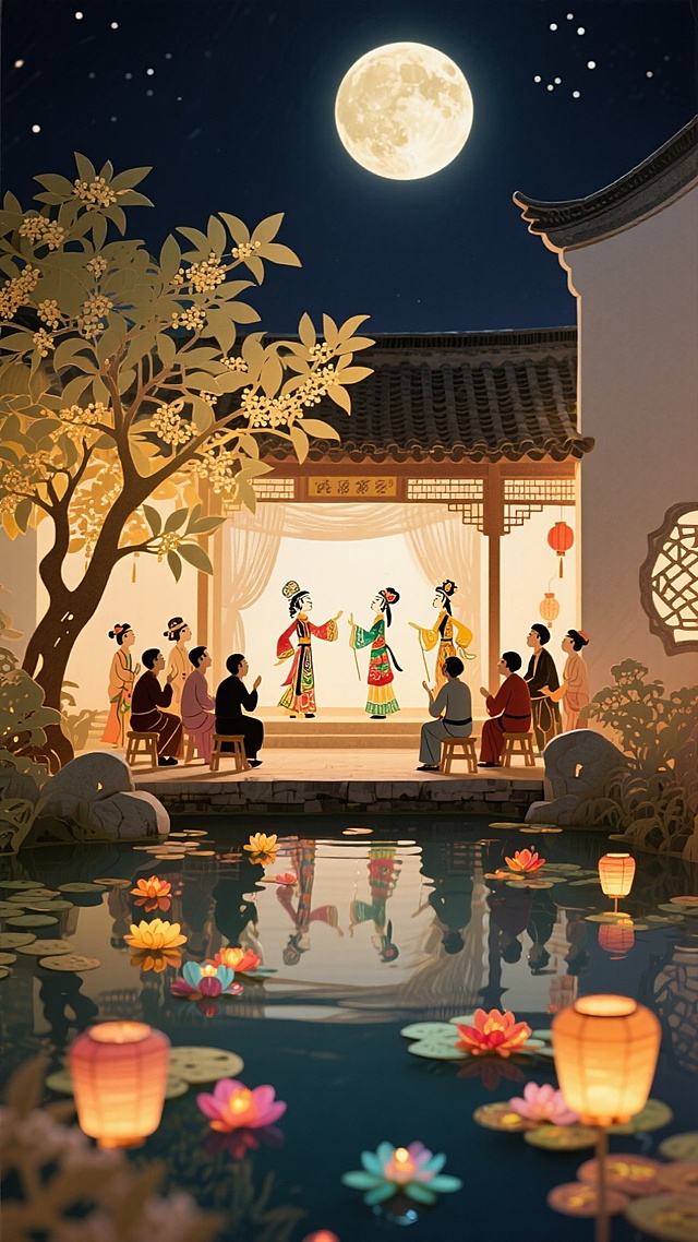 中秋节，庭院里表演着皮影戏，一群人在观看，庭院前面是一片池塘，池塘水面上有很多祈愿小花灯，池塘边有一棵玉桂，天上有一轮巨大的圆月 ，月夜喜庆氛围，池塘的画面占比是三分之一。
