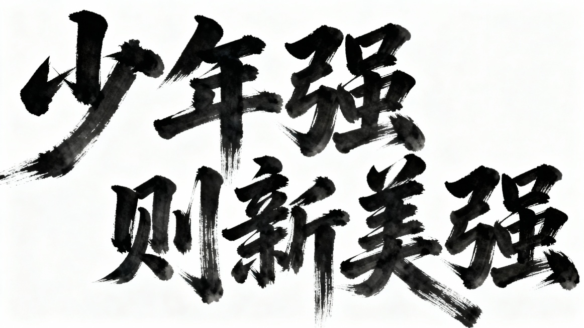 少年强则新美强
请把上面这句话，用好看的书法字体写出来，并考虑字体大小，每个字排列的位置。尽可能显得大气磅礴预览效果