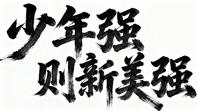 少年强则新美强
请把上面这句话，用好看的书法字体写出来，并考虑字体大小，每个字排列的位置。尽可能显得大气磅礴