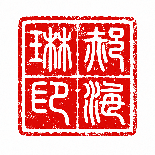 一枚中国传统方形红色姓名印章，纯白色背景。印文为四个白色篆书字"郝海琳印"。印章布局为田字格四字排列，有十字分隔线：右上角是篆书"郝"字，右下角是篆书"海"字，左上角是篆书"琳"字，左下角是篆书"印"字。印章为正红色印泥底色，白色阳刻篆书文字，外有一圈方形白边边框，边框内有十字分隔线将印章分为四个均等的方格。印章边缘和文字有斑驳磨损的做旧效果，呈现古朴的篆刻印章质感。四个字的篆书字形要准确规范，笔画圆润流畅。背景为纯白色。