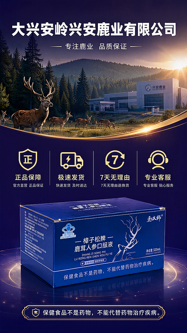 [第8张] 品牌保障页 - 大兴安岭兴安鹿业品牌背书与售后说明。本张使用【图2】礼盒作为品牌产品展示。
[氛围/风格] 深紫蓝品牌实力风，可信可靠，企业背书感，商业摄影质感。
[元素布局] 上半部分为大兴安岭鹿业企业场景概念图，有鹿群、森林、企业厂房剪影；下半部分左侧放置礼盒产品图，右侧为品牌实力和售后保障图标；背景深紫色渐变，有金色光效点缀；产品外观与输入图完全一致。
[光影质感] 上部场景自然光效，下部产品区域柔光照明，整体沉稳大气有实力感，光影柔和。
[配色色系] 全局底色深紫 #20104A；主色深蓝紫；辅助色金色图标、白色文字；点缀色森林绿光斑。
[视角构图] 上下分栏布局，上品牌场景下产品+保障，阅读动线上部品牌 → 下部产品+保障图标。
[文字版式] 顶部主标题「大兴安岭兴安鹿业有限公司」，白色粗黑体；副标题「专注鹿业 品质保证」；下方四个保障图标分别标注「正品保障」「极速发货」「7天无理由」「专业客服」；底部小字标注「保健食品不是药物，不能代替药物治疗疾病」。
[比例分辨率] 9:16 竖版比例，4K 分辨率，文字清晰可辨，高清画质。
[负向提示词] 产品变形，包装文字错乱，水印，图标模糊，文字过小，颜色偏差。