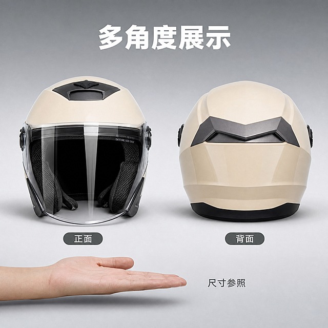 [主图-5] 规格与佩戴展示 多角度视图与尺寸参照。
[统一基调] 专业品质 简洁大气 安全可靠 冷灰色科技背景 主标题白色粗体无衬线字 辅助文字浅灰色 强调色为深灰色 圆角卡片样式。
[画面] 画面中央偏左展示头盔正面视角 右侧展示头盔背面视角 两个角度并列 各占画面约35% 下方有一只手掌放在头盔旁边作为尺寸参照 展示头盔大小比例 背景为浅灰色渐变 底部有柔和投影。
[光影质感] 棚拍产品摄影质感 正面和背面光影统一 主光从上方来 材质表现一致 手掌比例真实自然。
[配色] 背景浅灰 产品奶白+黑色 文字深灰色 整体干净明亮。
[文字版式] 画面顶部居中标题"多角度展示" 粗体无衬线大字 正面图下方标注"正面" 背面图下方标注"背面" 手掌旁标注"尺寸参照" 小号文字 清晰不杂乱。
[输出要求] 1:1正方形 2048x2048像素 多角度清晰 比例准确 文字可读 无水印 无平台Logo 负向 变形 比例失调 错字。