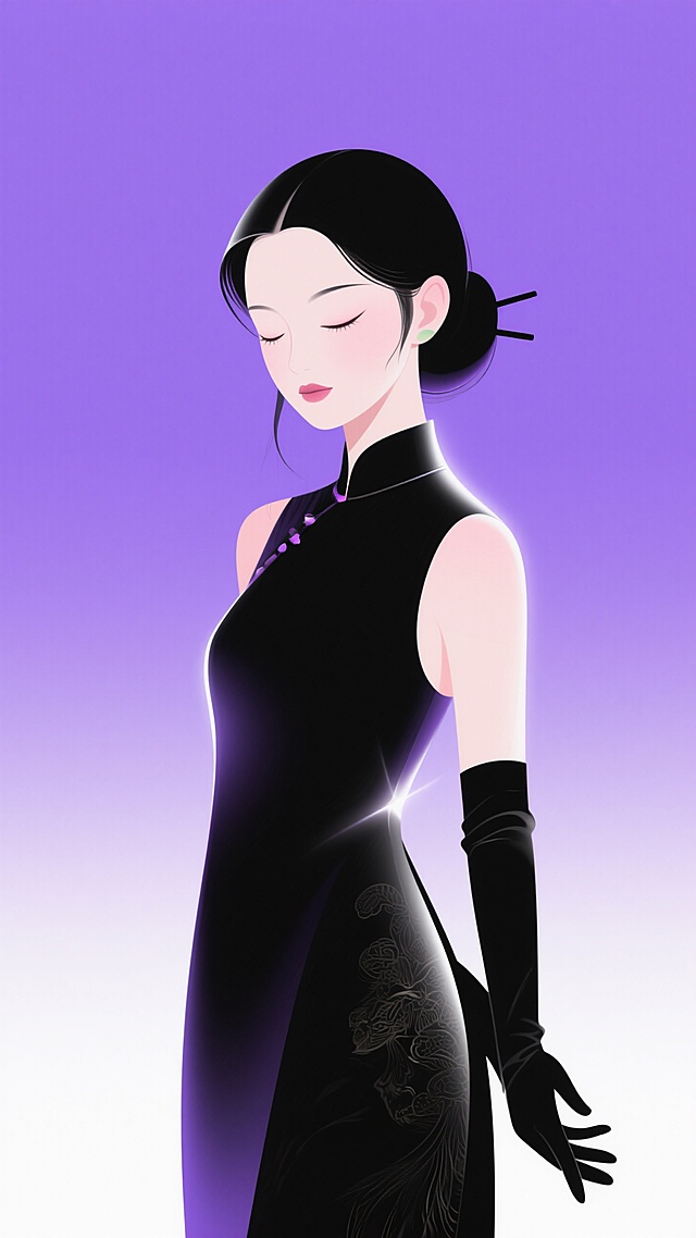 1个闭眼女孩姿态优雅的站着（穿着黑色连衣裙，黑色手套，黑发），紫色背景