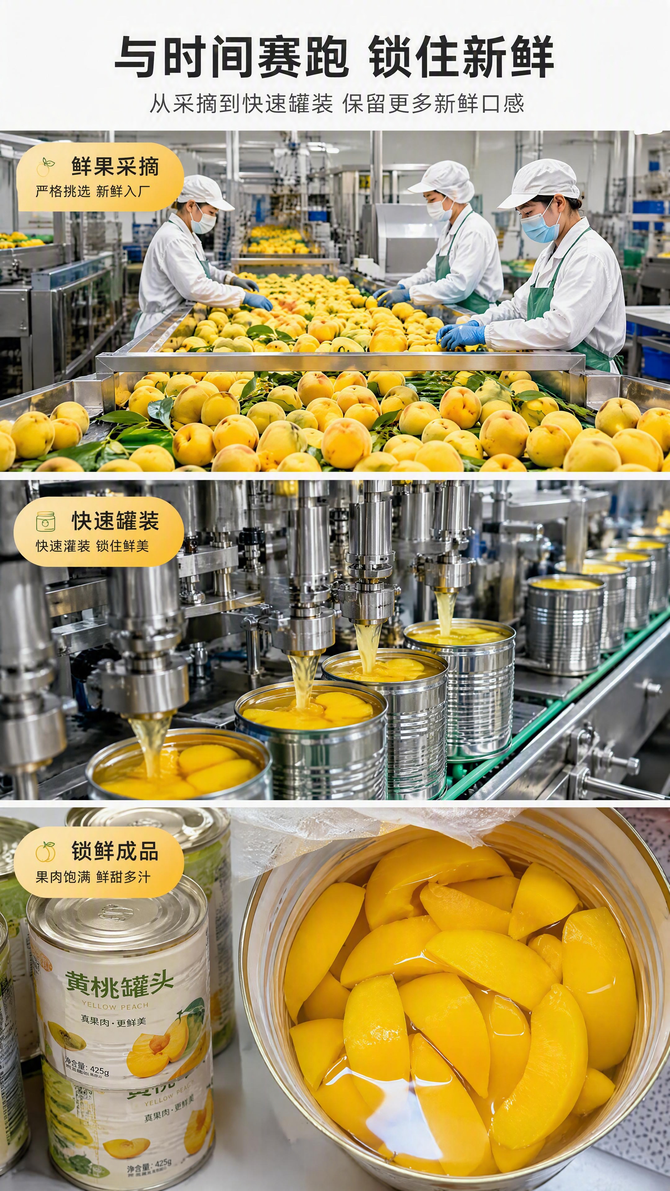 第3张 工艺锁鲜-黄桃罐头生产过程工厂展示。本张使用【图4】作… - 图片创意预览
