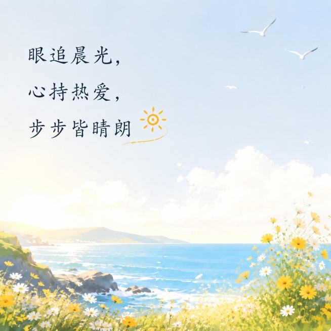 将原图片文字替换为"眼追晨光，心持热爱，步步皆晴朗"，去除图片中的人物，保留原有的海边小花风景、海鸥和治愈清新插画风格，整体构图保持不变预览效果