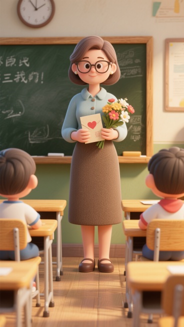 复古卡通风格，上世纪校园场景，戴眼镜的女教师站在老式黑板前，学生手持复古贺卡和鲜花，木质复古课桌椅，暖黄怀旧色调，整体画面温馨治愈，充满年代感预览效果