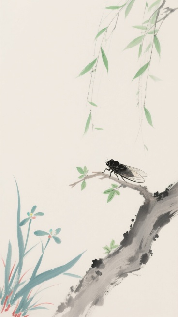 中国传统水墨画风格，淡雅的米白色背景，画面右侧上方有几片嫩绿柳叶轻盈垂下，右下角一根灰褐色的树枝上停着一只黑色的蝉，蝉的翅膀半透明，树枝上还点缀着几片翠绿的嫩叶，左下角有几丛细长的青色兰草，叶片边缘带有淡淡的红色，整体笔触轻柔，墨色晕染自然，留白充足，营造出宁静悠远的中式意境。预览效果