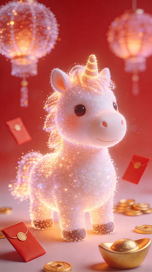 模糊的粒子效果，发光的光粒子组成了一个圆润可爱的马的形象，周围环绕着朦胧的灯笼、粒子形状的红信封、金锭、金币、红色的背景、梦幻般的发光效果、柔和的光线、喜庆的氛围、高细节、清晰的构图。