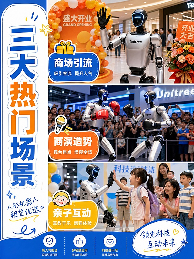 小红书风格人形机器人租赁主图第二张，3:4比例。多场景应用展示图，画面分为三个横向场景条：上方是商场开业活动机器人迎宾，中间是展会现场机器人拳击表演，下方是亲子活动机器人互动。每个场景都有银色Unitree人形机器人。左侧竖排大标题"三大热门场景"，每个场景标注文字："商场引流""商演造势""亲子互动"。科技蓝+活力橙黄配色，小红书原生感风格，分栏式布局，圆润图标，手绘装饰元素增加活泼感。文字清晰可读。