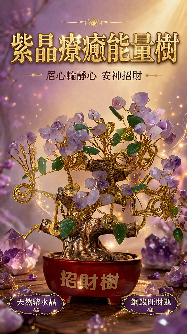 [第1屏] 详情页头图主视觉 · 紫晶眉心轮安神疗愈能量树全貌展示。本屏使用【图1】作为商品主体。
[氛围/风格] 治愈能量系，禅意静谧，暖紫金色调，商业摄影质感，柔和朦胧光晕，神秘疗愈氛围。
[元素布局] 紫晶能量树置于画面中央偏下，占比约65%；树身周围飘散淡紫色能量光点与金色微粒；背景为渐变暖紫色到米金色的柔和光晕；底部为温润木质台面，散落几颗天然紫水晶原石点缀；产品物理结构、红底招财树瓷盆、金色铜丝枝干、紫水晶原石花簇、绿色玉叶、铜钱装饰均与输入图一致，不得变形缺件。
[光影质感] 右上方暖金色柔光主照明，左下方淡紫色补光，树身周围有柔和光晕环绕，底部自然投影，整体通透温暖，紫水晶晶莹剔透有光泽。
[配色色系] 全局底色 #E8DFF5 淡紫渐变；主色紫水晶紫 #9B7CC9、金色 #D4AF37；辅助色墨绿玉叶、红瓷盆、暖米金背景。
[视角构图] 正面微仰视，产品为绝对视觉中心，阅读动线顶部标题 → 中央产品 → 底部副标题。
[文字版式] 顶部居中繁体字主标题「紫晶療癒能量樹」，副标题「眉心輪靜心 安神招財」，主标题大号衬线繁体字体金色描边；底部左右两侧信息条，左侧「天然紫水晶」右侧「銅錢旺財運」，圆角信息卡样式；文字不遮挡产品主体。
[比例分辨率] 9:16 竖版比例，4K 分辨率，文字清晰可辨，高清画质。
[负向提示词] 产品变形，缺件错件，颜色偏差，水印，文字错乱，文字过小，结构错误，背景杂乱，简体字，模糊不清。