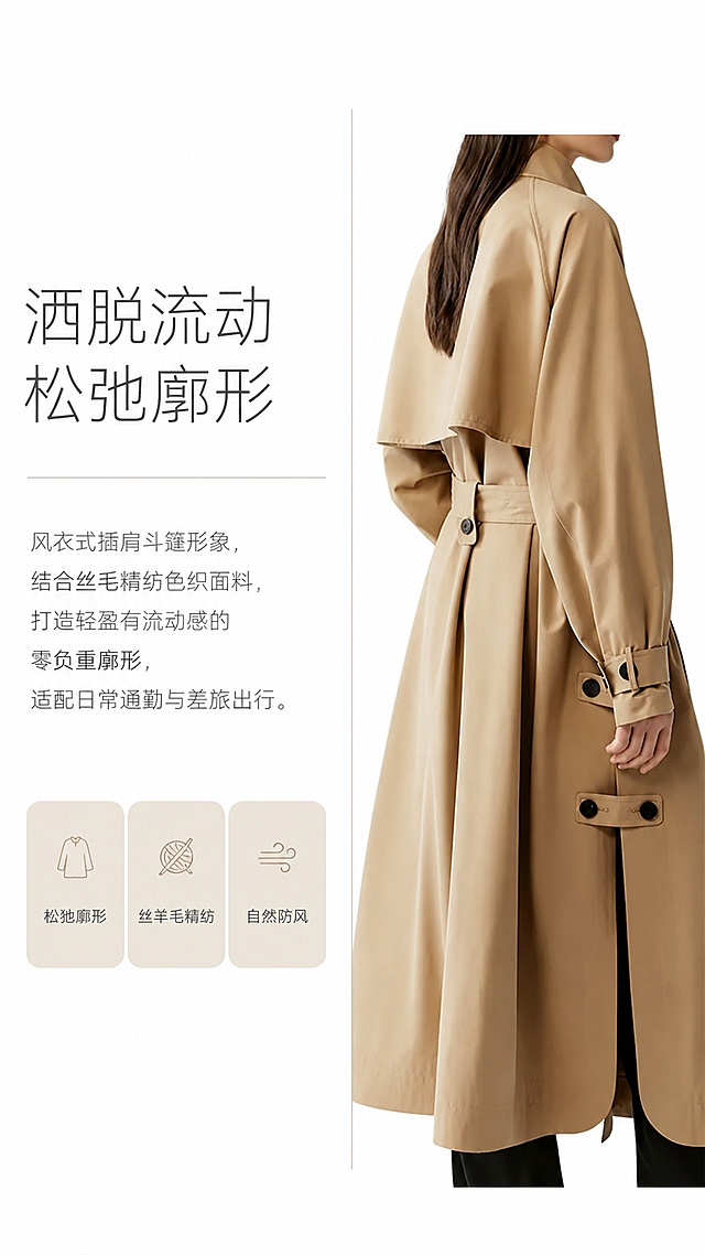 使用商品详情页技能根据商品图「图片1」「图片1」「图片1」「图片1」生成详情页，参考图为「图片1」「图片1」「图片1」「图片1」，商品名称为猎金游戏 倪星同款 禾➕资源零负重丝羊毛精纺雨露系列，卖点为风衣式插肩斗篷形象结合丝毛精纺色织料打造洒脱轻盈具有流动的松弛廓形  面料甄选真丝与源自澳洲牧场的美丽诺羊毛 以突破性精纺技术致密织就，无化学涂层 亦具备一定的自然防风雨效果轻盈便捷易打理，满足日常通勤及差旅场景    ，适配平台为淘宝/天猫，图片比例为9:16，需求屏数为8张，整体出图要求（全程统一标准，所有画面细节完全一致）：全套电商商业棚拍图，8K超高清、极致细节、画质锐利干净，低饱和莫兰迪高级色调，quiet luxury静奢极简风格，无冗余元素、无杂色、无瑕疵，所有款式版型、做工、材质细节统一，零误差，适配电商详情页高清上架。 一、模特穿搭展示图（3种穿搭风格，半身棚拍） 拍摄主体：极简风高级欧美模特，半身出镜（腰部以上规整构图），体态松弛自然、气质简约高级，无夸张表情、无刻意动作。 穿搭规范：统一内搭基础款纯色简约针织衫，无项链、耳环、帽子等任何多余配饰，干净极简造型，完整呈现风衣上身效果。 画面标准：居中对称构图，风衣为画面核心主体，比例协调规整，三种穿搭仅穿搭方式微调，风衣版型、材质、做工、色调、光影完全统一，保证页面视觉一致性。 二、服装平铺正反面细节图（全套标准一致） 包含单品正面平铺图、背面平铺图，平整铺展无褶皱、无变形，衣身线条笔直规整，完整展示整体版型轮廓。 极致还原服装做工细节：走线均匀平直、包边精细工整，接缝、纽扣、领口、袖口工艺清晰可见，无跳线、无瑕疵，全方位展现精细成衣质感。 三、核心材质参数（严格固定，所有画面统一） 面料成分：10%绢丝+60%羊毛+30%涤纶，面料质感高级细腻，自带哑光高级肌理，不反光、不廉价。 版型特质：面料挺括有型、抗皱垂顺，立体剪裁利落，不软塌、不臃肿，完美支撑风衣利落版型。 四、场景背景（全画面统一） 纯白无缝沉浸式背景，搭配浅灰色哑光地面，无倒影、无杂物、无场景干扰，极致干净极简，视觉完全聚焦服装本身，适配高端电商视觉风格。 五、光线色调（全画面统一） 专业影棚柔光均匀打光，光线通透柔和，全覆盖无死角，无硬阴影、无明暗光斑、无局部过曝。 低对比度、低饱和莫兰迪色调，色彩还原精准无色差，质感高级静谧，凸显轻奢成衣质感。 六、配套内容 同步生成高清精准风衣尺码表，尺寸标注清晰、数据规整、排版干净，符合电商详情页规范，直观适配穿搭参考。 硬性禁忌（杜绝出错） 1. 所有图片版型、面料、色调、光影、做工细节高度统一，无偏差、无出入；2. 无多余配饰、无杂乱背景、无硬阴影、无色彩失真；3. 服装无褶皱、无变形、无破损瑕疵，走线工整零失误；4. 全程静奢极简风格，无花哨元素，高级干净统一。