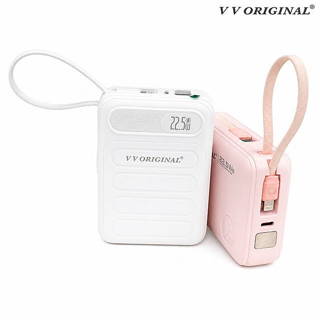 [主图-1] 22.5W fast charging portable power bank front display main image. Based on the original image, keep the white and pink two power banks, their appearance, shape, color, material, 22.5W mark, built-in retractable cables interface, all product details unchanged. Keep the original VV ORIGINAL® text on the product body. Add VV ORIGINAL® connected uppercase logo with trademark symbol in the upper right corner of the whole image. Background is pure white #FFFFFF, product accounts for about 85% of the picture, centered. Commercial photography texture, clear product, soft light, high contrast, texture clear, super high definition, all text must be English, no Chinese characters allowed. Negative prompt: deformation, watermark, text confusion, product blur, cluttered background, Chinese characters.