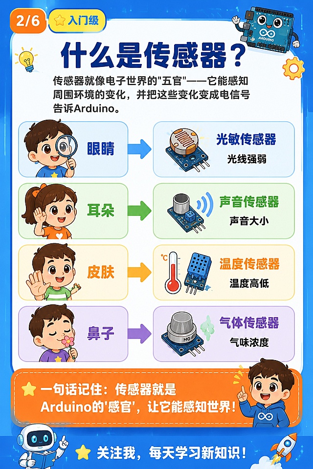 一张竖版儿童教育知识卡片海报设计，风格活泼可爱、色彩明亮，适合小学3-6年级学生阅读，与封面页保持统一的科技蓝+活力橙配色，背景有简单电路纹理。文字内容完全准确、清晰可读，无任何错别字。左上角页码标签用圆角标签写着"2/6"，旁边有难度标签写着"⭐ 入门级"。页面顶部标题用深蓝色加粗无衬线字体写着"什么是传感器？"。标题下方有一段说明文字用深灰色字体写着"传感器就像电子世界的'五官'——它能感知周围环境的变化，并把这些变化变成电信号告诉Arduino。"。主体区域是四行对照卡片，每行左边是一个可爱的卡通人物感官图标，右边箭头指向对应的传感器：第一行眼睛图标配"眼睛"箭头指向光敏传感器图标配"光敏传感器"和"光线强弱"；第二行耳朵图标配"耳朵"箭头指向麦克风图标配"声音传感器"和"声音大小"；第三行手掌图标配"皮肤"箭头指向温度计图标配"温度传感器"和"温度高低"；第四行鼻子图标配"鼻子"箭头指向气体传感器图标配"气体传感器"和"气味浓度"。页面底部有一个橙色圆角高亮框，里面用白色加粗字体写着"一句话记住：传感器就是Arduino的'感官'，让它能感知世界！"。底部角落位置放置一行文字"关注我，每天学习新知识！"，搭配可爱卡通插图，不放置二维码。整体设计：内容分区清晰，每个知识块用不同颜色的圆角卡片包裹，文字大且清晰，适合打印A4竖版，不包含任何二维码。画面中所有信息区域必须填充完整合理的内容，不得出现空白框、空白占位。画面中所有数字必须精确渲染，不得错位、遗漏或编造。