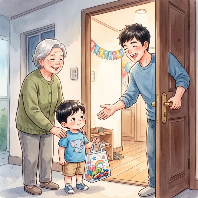 参照参考图的水彩漫画风格和已有家人形象，继续创作：邻居李奶奶领着2岁多的小孙子源源敲门，源源手里提着装有玩具礼物的塑料袋，小仙君的爸爸正开门迎接，保持温馨生日氛围，延续原水彩漫画风格预览效果