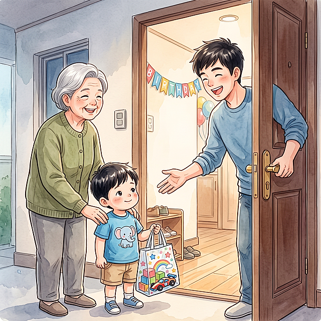 参照参考图的水彩漫画风格和已有家人形象，继续创作：邻居李奶奶领着2岁多的小孙子源源敲门，源源手里提着装有玩具礼物的塑料袋，小仙君的爸爸正开门迎接，保持温馨生日氛围，延续原水彩漫画风格