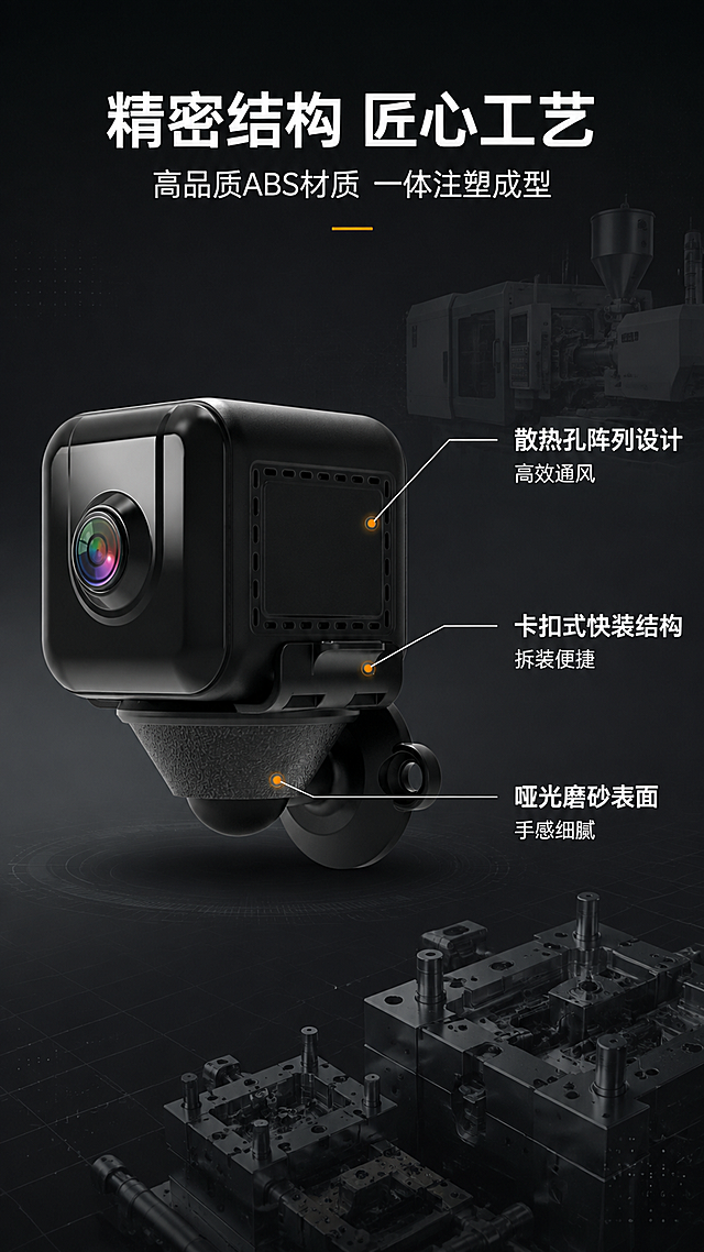 [第3张] 产品结构材质工艺页-摄像头外壳精密注塑与结构解析。本张使用【图2】作为产品斜侧主体，展示背面散热孔与卡扣结构。
[氛围/风格] 工业精密制造风，剖面/结构解析感，专业技术风。
[元素布局] 产品斜侧45度视角置于画面左侧中部，占比约45%，展示背面散热孔阵列、卡扣结构、底座连接部位；右侧为结构解析区，用引线标注关键结构点；背景为深灰渐变+细微科技网格，点缀精密模具/注塑机局部剪影；产品颜色、材质、结构与输入图完全一致。
[光影质感] 侧上方主光突出产品侧面与背面结构细节，底部投影，结构引线用亮白色线条清晰标注。
[配色色系] 全局底色 #22262D 深灰；主色黑色产品；辅助色白色引线与文字；点缀色橙黄标注点。
[视角构图] 左产品右解析的左右构图，阅读动线顶部标题 → 左侧产品 → 右侧标注说明。
[文字版式] 顶部主标题「精密结构 匠心工艺」，副标题「高品质ABS材质 一体注塑成型」；右侧三个结构标注：1.「散热孔阵列设计 高效通风」指向背面孔位；2.「卡扣式快装结构 拆装便捷」指向底座卡扣；3.「哑光磨砂表面 手感细腻」指向外壳表面；标注用细线+圆点+文字说明，清晰专业。
[比例分辨率] 9:16 竖版比例，4K 分辨率，文字清晰可辨，高清画质。
[负向提示词] 产品变形，结构错误，标注线混乱，文字模糊，水印，颜色偏差，背景杂乱。