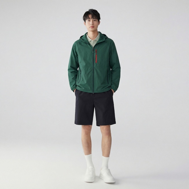 参考原模特姿势动作，重新生成图片，墨绿色带帽连帽外套完全贴合模特身形，保留衣服原有版型、墨绿色颜色、红色拉链细节、黑色口袋拉链细节，无变形，无颜色偏差，保留所有细节。背景保留灰色地面与浅白色背景，光线预览效果