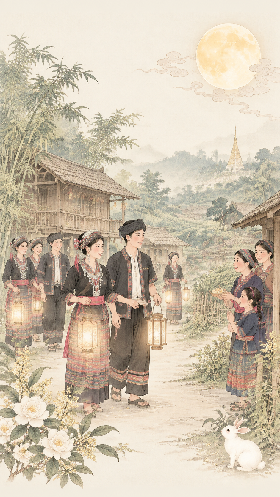 参考右侧工笔淡彩风格，将画面改为德昂族中秋串月场景，去除所有文… - 图片创意预览