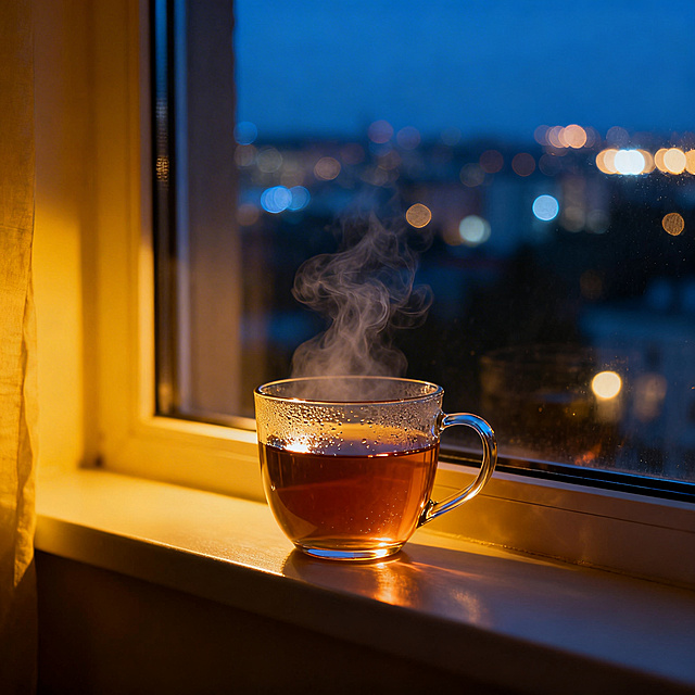 夜晚的窗边，一杯冒着热气的热茶放在窗台，窗外是错落的城市灯光，暖黄室内光线和冷调城市夜景相呼应，整个氛围安静治愈，独处的松弛夜晚感