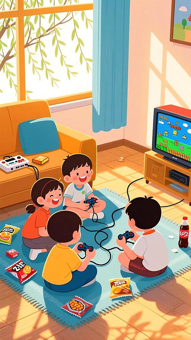 几个小朋友坐在客厅地毯上，专注玩连着电视的游戏机，旁边放着散落的零食。阳光透过窗户洒入，窗外柳枝飘荡