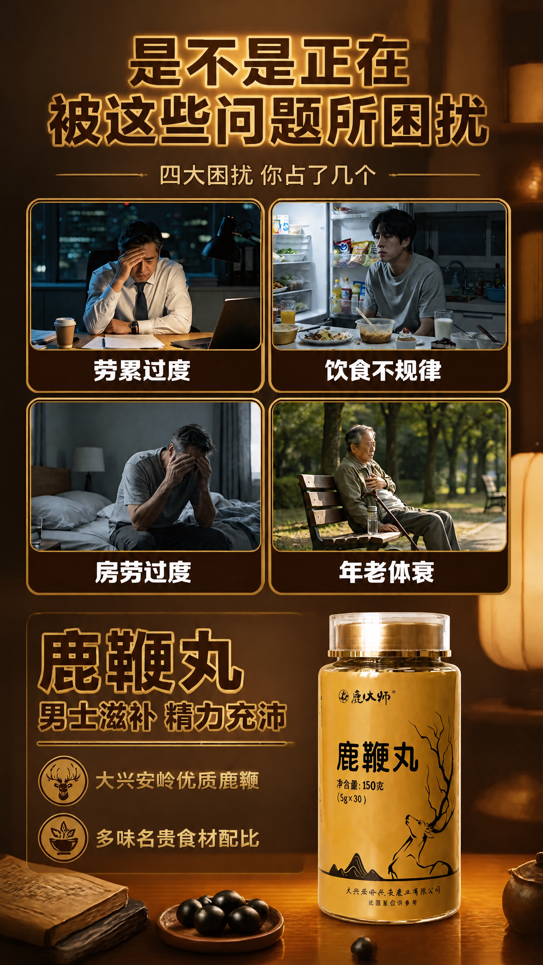 参考图1的新中式书房暖光背景风格和整体金黄色调氛围，为图2的痛… - 图片创意预览
