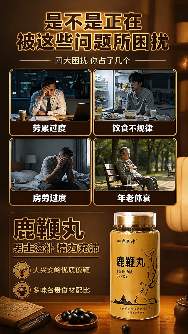 参考图1的新中式书房暖光背景风格和整体金黄色调氛围，为图2的痛点四宫格+产品文案内容添加统一背景，重新合成一张完整的竖版详情页图片。

[画面] 竖版9:16构图，整体背景为新中式书房/茶室暖光场景（参考图1背景风格）：深木色书架、古籍、陶瓷茶壶、暖黄台灯光晕，整体暖棕金色调，景深虚化，氛围沉稳高端；画面从上至下分为三部分：上部标题区约20%，中部四宫格痛点区约50%，下部产品解决方案区约30%；四宫格为2×2排列的圆角深棕金边卡片，每格内保留原图的痛点场景人物和底部文字标签；下部左侧为鹿鞭丸大标题+两个圆形图标卖点，右侧为鹿鞭丸金色瓶身产品图，瓶身完整展示。

[文字] 顶部大标题「是不是正在 被这些问题所困扰」，深棕色粗黑体，带金色描边；副标题「四大困扰 你占了几个」，深棕色细体，两侧金色装饰线；四宫格每格底部标签文字：① 劳累过度 ② 饮食不规律 ③ 房劳过度 ④ 年老体衰，白色粗字配深棕色底；下部大标题「鹿鞭丸」，副标题「男士滋补 精力充沛」，深棕色+金色渐变；两个圆形图标卖点：① 鹿头图标+大兴安岭优质鹿鞭 ② 草本图标+多味名贵食材配比；全部文字横向排版，清晰可读。

[视觉] 整体暖棕金黄色调，新中式高端滋补风格；背景虚化突出前景内容；四宫格卡片有金色细边框和轻微阴影；产品瓶身有自然高光和底部光晕；光影=暖黄侧光，整体温暖沉稳有质感。

[规格] 9:16竖版，4K清晰度。避免变形、错字、文字错乱、瓶身颜色改变、医疗功效承诺、极限词、冷蓝冷灰主色、人物面部扭曲。
