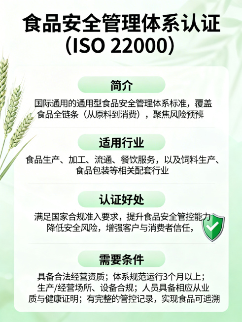 食品安全管理体系认证（ISO 22000）科普宣传图，正式专业风格，浅绿+白色清爽配色，搭配麦穗、安全盾牌等简约食品安全相关元素，画面清晰呈现完整内容：
食品安全管理体系认证（ISO 22000）
简预览效果