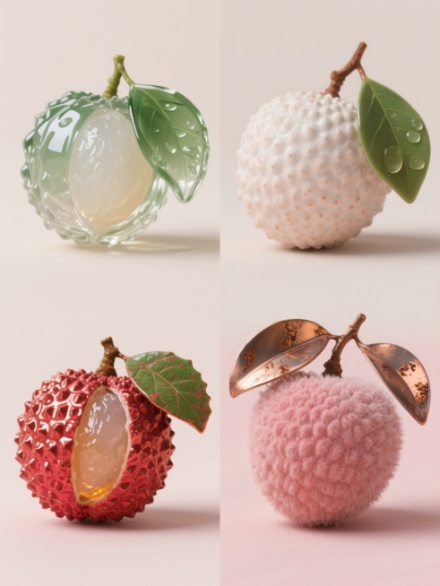四个系列集合规整排布的荔枝素材，每个系列保持完整荔枝、带水滴绿叶与剥开露出半透明果肉的荔枝造型一致，采用纯色背景，分别呈现四种完全不同材质质感：第一个系列为晶莹剔透的玻璃材质荔枝，表面光滑反光，绿叶呈磨砂玻璃质感，果肉如冰雕般通透；第二个系列为哑光陶瓷材质荔枝，表面带有细微颗粒感，绿叶呈釉面质感，整体色调转为素雅的米白色；第三个系列为金属质感荔枝，外壳呈亮面金属红色，绿叶为青铜色并带有金属锈迹……预览效果