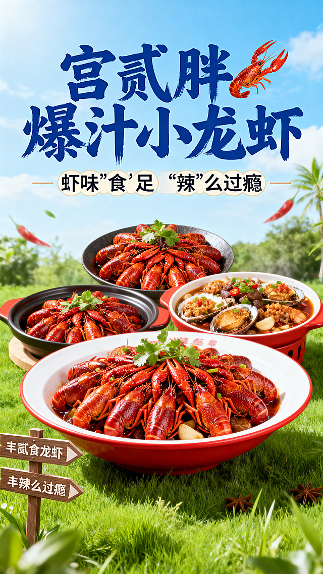 宫贰胖爆汁小龙虾夏日直播海报，顶部蓝天，底部绿色草地搭配指示牌，标题是蓝色毛笔大字"宫贰胖爆汁小龙虾"，中部展示丰盛小龙虾卤味套餐，配艺术标语"虾味'食'足 '辣'么过瘾"，夏日清新风格，竖版美食海报，鲜亮开胃