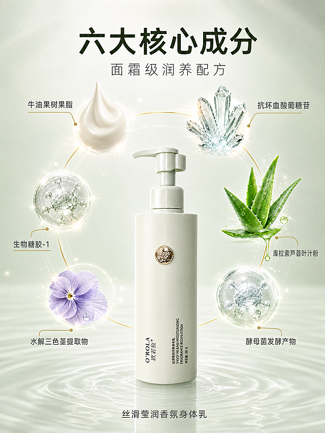 [主图] 六大核心成分展示图 高级科研感
[氛围风格] 纯净科研感 成分可视化 通透水润 高级精致 与参考图风格一致
[画质] 商业摄影质感 超高清细节 画面干净专业
[元素] 浅薄荷绿色身体乳瓶放置在画面底部中央 正面完整展示 瓶身金色徽章清晰 O'ROLA品牌字样清晰 泵头朝上。瓶身周围环绕六个核心成分可视化元素 呈环形均匀排列 用金色细线连接到瓶身：1.左上位置 牛油果树果脂 奶白色膏体水滴状 表面丝滑有光泽 2.右上位置 抗坏血酸葡糖苷（VC衍生物）透明棱柱状结晶 微微发光 3.右中位置 库拉索芦荟叶 鲜绿色叶片带汁液水珠 4.右下位置 酵母菌发酵产物 半透明球形分子结构 内部有细微纹理 5.左下位置 水解三色堇提取物 淡紫色小花花瓣 带露珠 6.左中位置 生物糖胶-1 透明水球状分子结构 表面有光泽。每种成分旁有金色细线引出标注。背景为渐变浅薄荷绿到透明 底部有淡淡的水波纹和水面倒影 有微弱光斑点缀。整体画面干净有科技感 突出成分珍贵丰富。保持产品外观与参考图一致 风格统一。
[光影] 顶部柔光均匀打亮 每个成分元素有独立的微弱发光效果 瓶身正面柔和高光 底部轻投影 整体通透无硬阴影 金色线条有光泽感
[配色] 主色浅薄荷绿+白色 辅色金色 点缀色透明水色+淡绿+淡紫 整体清新高级 与参考图配色一致
[视角构图] 平视 产品在底部中央 六个成分元素环绕在上半部分 构图均衡饱满 景深较大 所有元素清晰
[文字版式] 顶部中央主标题"六大核心成分" 深绿色大号粗体无衬线字 下方小字"面霜级润养配方" 浅灰色中号。六个成分分别标注："牛油果树果脂" "抗坏血酸葡糖苷" "库拉索芦荟叶汁粉" "酵母菌发酵产物" "水解三色堇提取物" "生物糖胶-1" 每个标注为深灰色中号字 配金色细线引出。底部产品下方小字"丝滑莹润香氛身体乳"。所有文字横排 清晰可读 不遮挡主体。
[输出要求] 3:4比例 文字清晰可辨 超高清商业摄影质感
[负向提示词] 变形 文字错乱 产品图模糊 背景杂乱 水印 电商平台Logo
