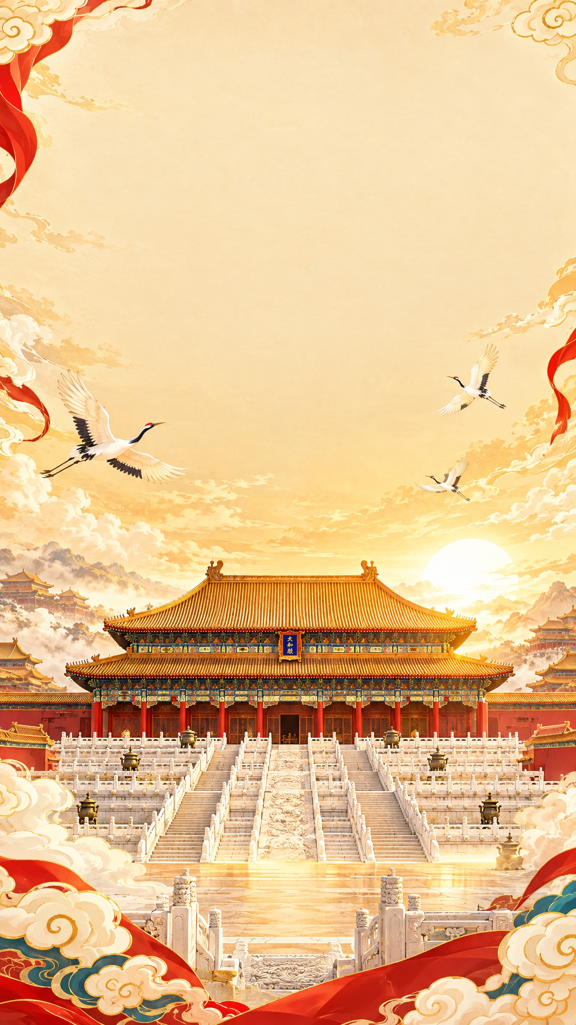 国庆主题中国风底图，北京故宫太和殿，金碧辉煌的宫殿建筑，红墙黄… - 图片创意预览