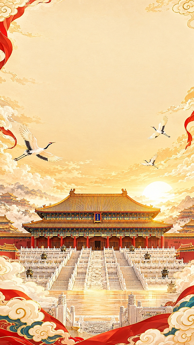 国庆主题中国风底图，北京故宫太和殿，金碧辉煌的宫殿建筑，红墙黄瓦飞檐斗拱，汉白玉台阶，宫殿前有祥云缭绕，金色阳光照耀，几只仙鹤飞翔，国潮插画风格，画面上方和两侧留有空白区域可加文字，庄严肃穆，皇家气派，节日喜庆，高清细腻