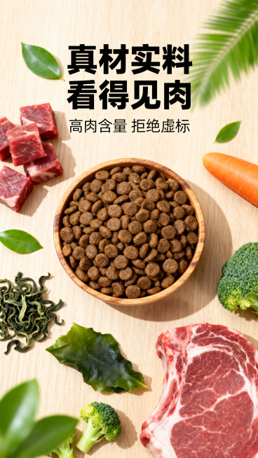 主文案居中放大，字体为思源黑体粗黑，文字内容"真材实料 看得见肉"，副文案在主文案下方，字体为思源黑体纤细，文字内容"高肉含量 拒绝虚标"，副文案颜色比主文案浅一度，整体文案位于画面上方。采用俯拍视角预览效果