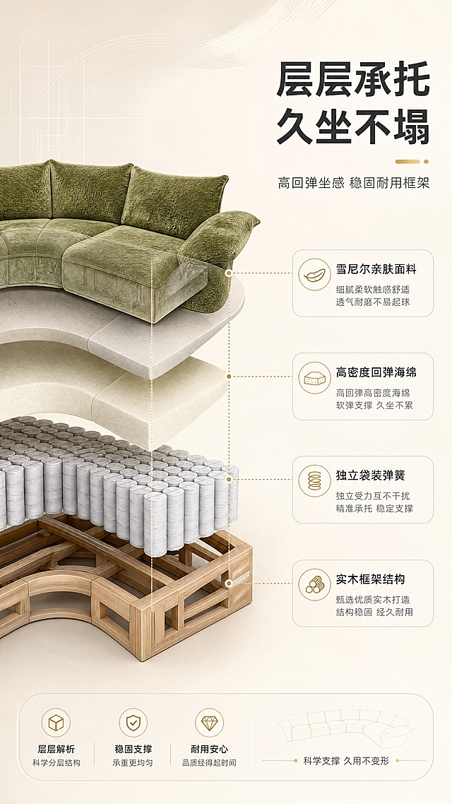[商品] 使用【图1】S2213花瓣沙发新版；保留橄榄绿绒面、花瓣造型、整体结构比例；商品处理：做半透明分层透视效果，展示内部结构，外部面料保留颜色和轮廓，内部结构清晰可见。
[画面] 目标：坐感结构页，解析沙发内部框架与座垫分层结构，体现支撑性与耐用性。左结构右文版式，左侧约60%为沙发座垫分层爆炸示意——从上层到底部分为：雪尼尔面料层、高回弹海绵层、独立袋装弹簧层、实木框架层，四层以虚线连接散开。右侧约40%为文案说明区。背景为浅米色渐变，搭配细线工程图风格装饰。
[视觉] 套系策略：风格=现代轻奢奶油风商业摄影；标题字=现代无衬线粗体；正文字=简洁无衬线体；主色=暖白+橄榄绿；背景延展=基于暖白做深浅层级、同色渐变和细腻墙面/织物质感；强调色=浅金色，仅用于小面积图标、引线和标签；标题色=深炭灰；正文色=中暖灰；组件=圆角浅底信息卡、细线引线、胶囊标签；光影=左前侧暖柔光，自然光感，明亮通透。
[文字] 右侧文案区：主标题"层层承托 久坐不塌"，副标题"高回弹坐感 稳固耐用框架"。下方4条结构说明带引线指向对应分层："雪尼尔亲肤面料""高密度回弹海绵""独立袋装弹簧""实木框架结构"。底部小字标注"科学支撑 久用不变形"。
[规格] 图片比例9:16竖版，4K，避免变形、错字、文字过小、冷蓝/蓝灰背景、颜色改变、结构失真、绝对化用语、虚构材质参数。