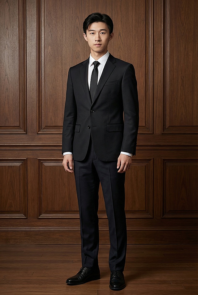 生成人物正装照，黑色西装白色衬衫，全身照