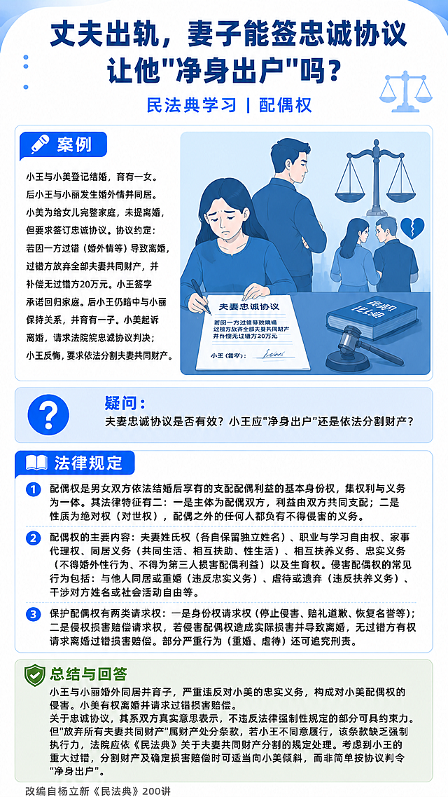 保持原图片的整体版式、配色、布局、图标样式和装饰元素完全不变，仅替换所有文字内容：

主标题改为：丈夫出轨，妻子能签忠诚协议让他"净身出户"吗？
副标题改为：民法典学习 | 配偶权

【案例】板块内容替换为：
小王与小美登记结婚，育有一女。后小王与小丽发生婚外情并同居。小美为给女儿完整家庭，未提离婚，但要求签订忠诚协议。协议约定：若因一方过错（婚外情等）导致离婚，过错方放弃全部夫妻共同财产，并补偿无过错方20万元。小王签字承诺回归家庭。后小王仍暗中与小丽保持关系，并育有一子。小美起诉离婚，请求法院按忠诚协议判决；小王反悔，要求依法分割夫妻共同财产。

【疑问】板块内容替换为：
疑问：夫妻忠诚协议是否有效？小王应"净身出户"还是依法分割财产？

【法律规定】板块内容替换为：
1. 配偶权是男女双方依法结婚后享有的支配配偶利益的基本身份权，集权利与义务为一体。其法律特征有二：一是主体为配偶双方，利益由双方共同支配；二是性质为绝对权（对世权），配偶之外的任何人都负有不得侵害的义务。
2. 配偶权的主要内容：夫妻姓氏权（各自保留独立姓名）、职业与学习自由权、家事代理权、同居义务（共同生活、相互扶助、性生活）、相互扶养义务、忠实义务（不得婚外性行为、不得为第三人损害配偶利益）以及生育权。侵害配偶权的常见行为包括：与他人同居或重婚（违反忠实义务）、虐待或遗弃（违反扶养义务）、干涉对方姓名或社会活动自由等。
3. 保护配偶权有两类请求权：一是身份权请求权（停止侵害、赔礼道歉、恢复名誉等）；二是侵权损害赔偿请求权，若侵害配偶权造成实际损害并导致离婚，无过错方有权请求离婚过错损害赔偿。部分严重行为（重婚、虐待）还可追究刑责。

【总结与回答】板块内容替换为：
小王与小丽婚外同居并育子，严重违反对小美的忠实义务，构成对小美配偶权的侵害。小美有权离婚并请求过错损害赔偿。
关于忠诚协议，其系双方真实意思表示，不违反法律强制性规定的部分可具约束力。但"放弃所有夫妻共同财产"属财产处分条款，若小王不同意履行，该条款缺乏强制执行力，法院应依《民法典》关于夫妻共同财产分割的规定处理。考虑到小王的重大过错，分割财产及确定损害赔偿时可适当向小美倾斜，而非简单按协议判令"净身出户"。

右侧插图区域替换为与夫妻忠诚协议、婚姻出轨、配偶权相关的法律主题插画，保持原插画的蓝色扁平风格，画面中包含天平法律元素和夫妻/协议相关意象。

所有文字清晰可读，排版整齐，与原图风格保持一致。