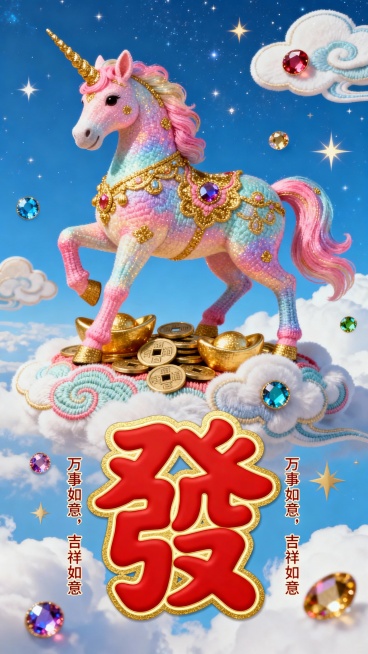 一幅以发财为主题的科技星空壁纸，整体采用蓝天白云为背景，主体是一只色彩斑斓的独角马，并点缀金、粉色渐变装饰，独角马的脚下绣有元宝、铜钱等元素。下方是红色的“發財”二字，采用圆润可爱的字体，非书法体，边预览效果