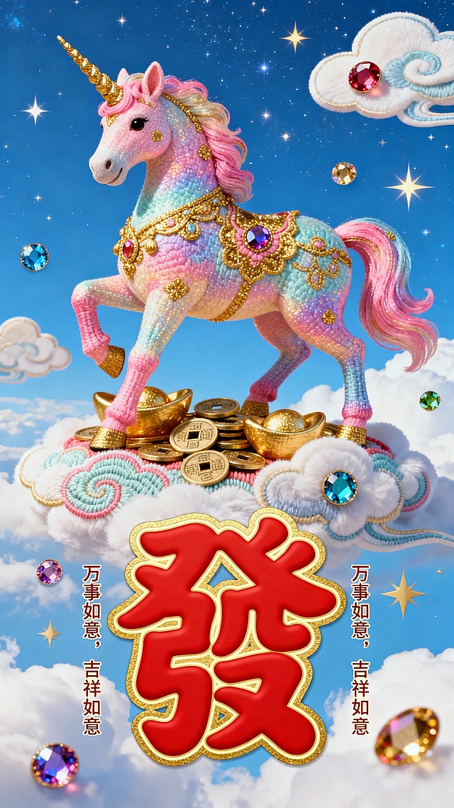 梦幻3D独角兽立于祥云金元宝之上，融合刺绣与鎏金风，搭配浮雕质感“发”字，喜庆卡通风格，传递新春吉祥如意祝福。