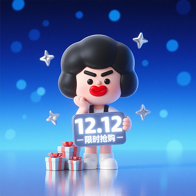 软3D卡通风格，萌趣人物手持“12.12限时抢购”牌，搭配礼物盒与星光背景，营造可爱又吸睛的促销氛围。