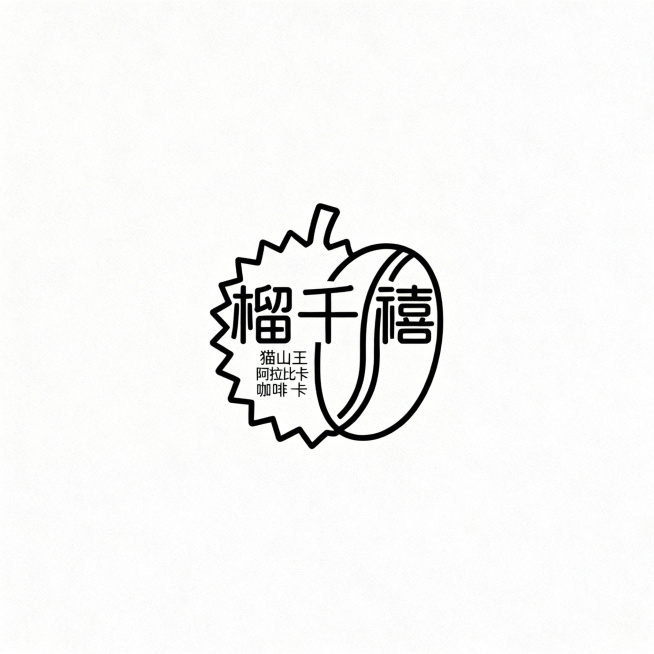 全新设计"榴千禧"高端饮品logo，去掉咖啡杯，将猫山王榴莲外形和阿拉比卡咖啡豆形状创意融合，保持线条极致简化，保留指定配色方案，设计区别于所有过往版本，整体简约高级辨识度强预览效果